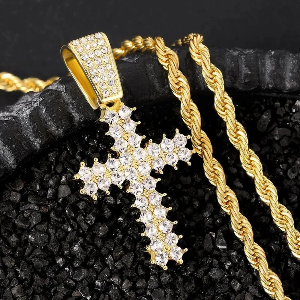 2ct Diamond Mens 14K Gold Cross Rope Chain Necklace Guys New 14 K Silver Jewelry